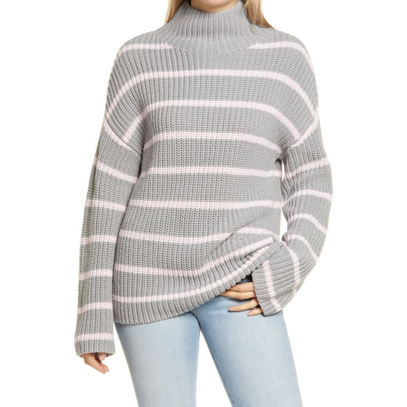 CASLON NEW $69 Shaker Mock Neck Sweater in Gray Pink Stripe Large - Picture 1 of 3